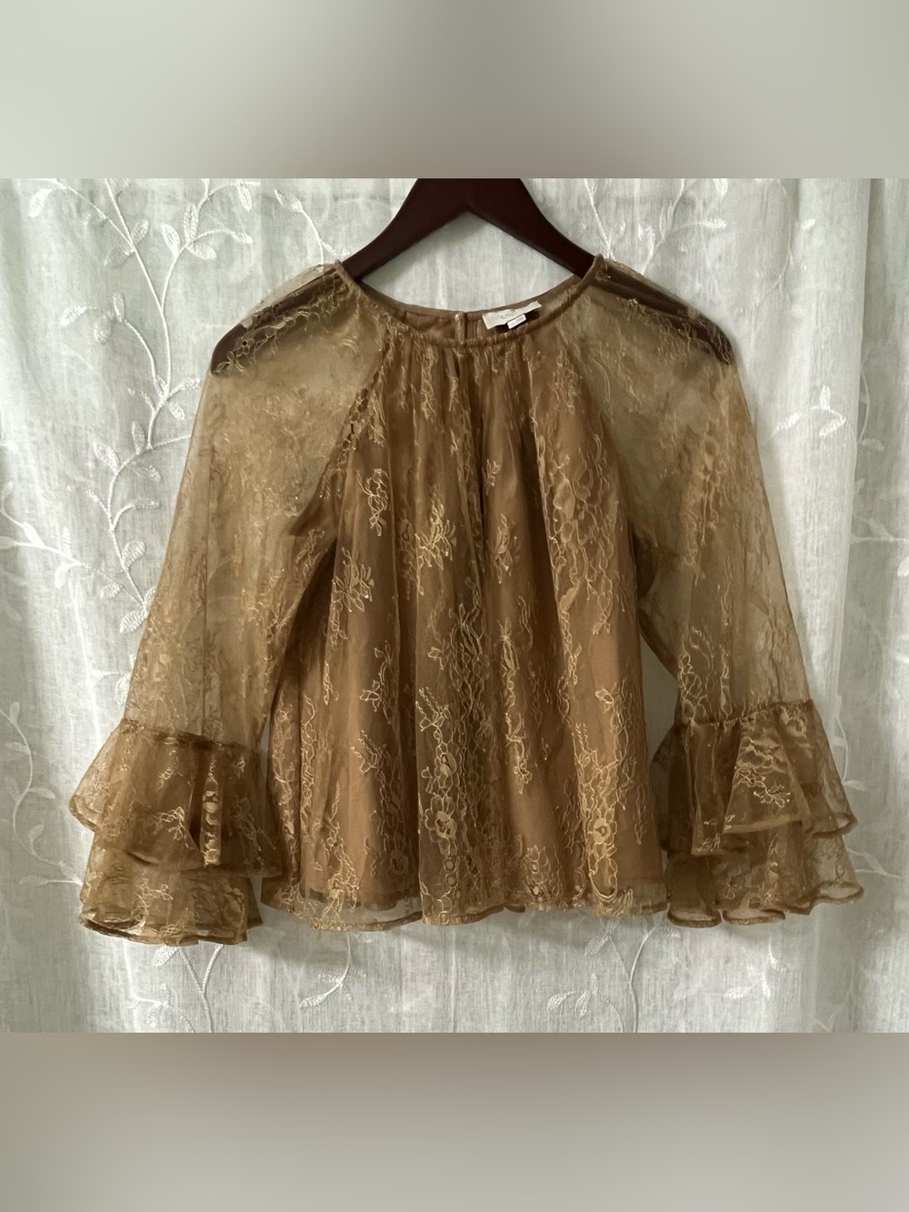 LOFT Brown Sheer Lace Ruffle-Sleeve Blouse Size XS